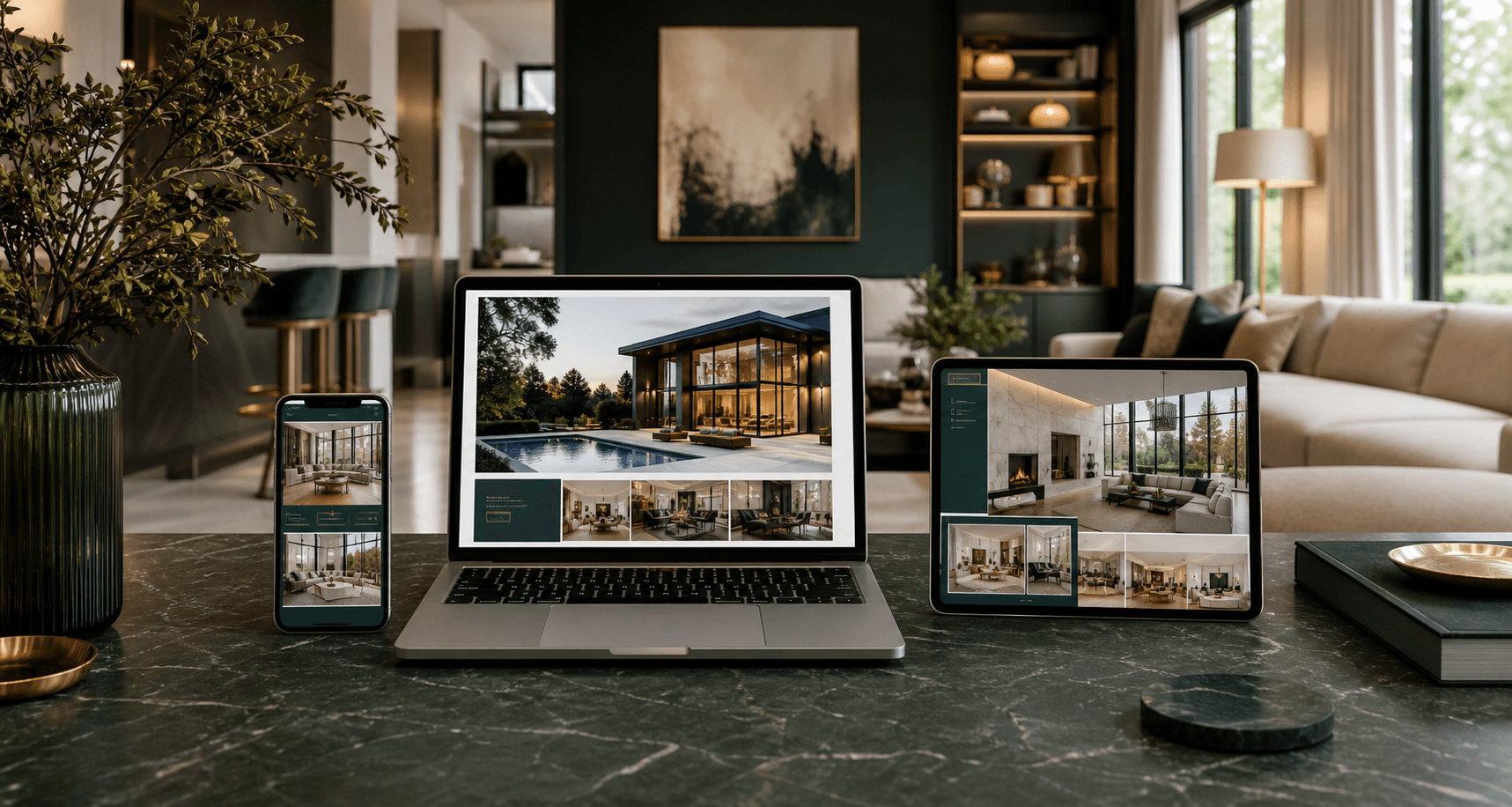 Plataforma inmobiliaria disponible en computadora, tableta y móvil