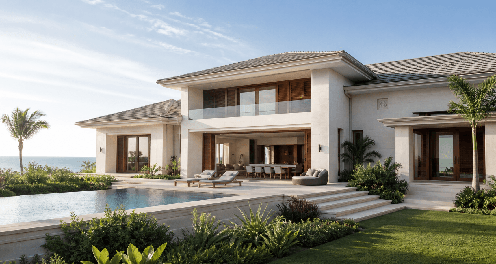 Villa costera elegante con jardín y piscina